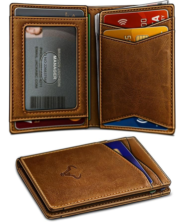 BULLIANT Men Wallet,Top Grain Leather Slim Wallet Magnetic Closure Simplifed Bill Folder RFID Blocking 11Cards