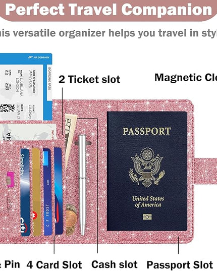 HOTCOOL Passport Holder Travel Essentials Airplane & Cruise Essentials Ship Leather Wallet Cover Case RFID Blocking Women & Men Vacation Travel Accessories Gifts Deals, Glitter - Pink