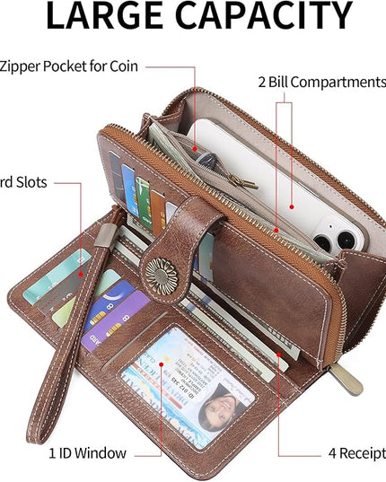 SENDEFN Wallet for Women RFID Blocking Leather Clutch Long Purse Large Capacity Credit Card Holder Wristlet