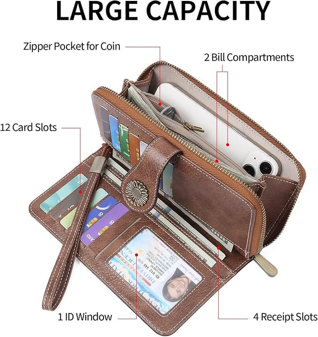 SENDEFN Wallet for Women RFID Blocking Leather Clutch Long Purse Large Capacity Credit Card Holder Wristlet