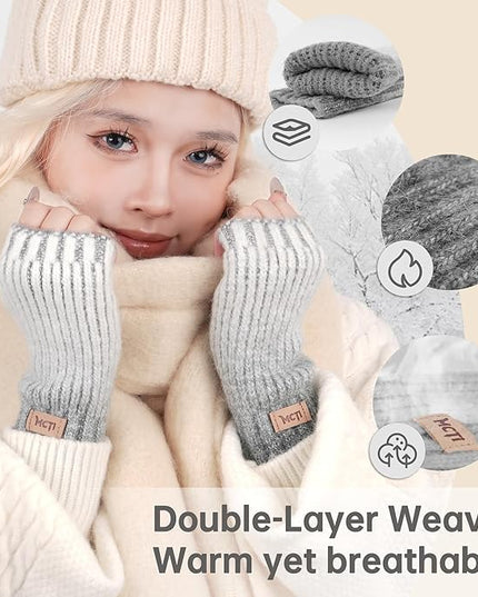MCTi Winter Gloves for Women, Fingerless Mittens Knitted, Typing Gloves with Long Wrist Cuff, Warm for Cold Weather