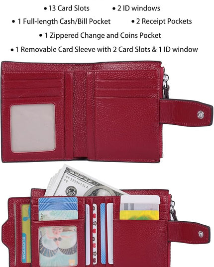 AINIMOER Women's RFID Blocking Leather Small Compact Bi-fold Zipper Pocket Wallet Card Case Purse with id Window