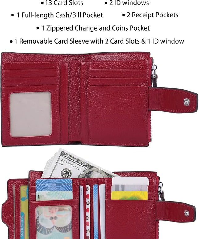 AINIMOER Women's RFID Blocking Leather Small Compact Bi-fold Zipper Pocket Wallet Card Case Purse with id Window