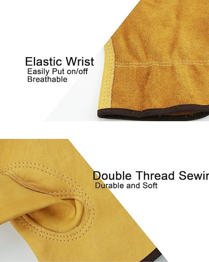 OZERO Leather Work Gloves Flex Grip Tough Cowhide Gardening Glove for Wood Cutting/Construction/Truck Driving/Garden/Yard Working for Men and Women 1 Pair (Gold,Small)