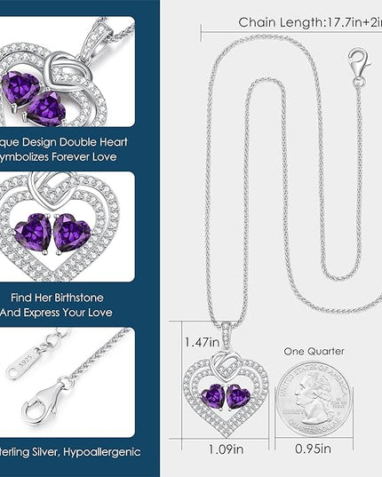 LOUISA SECRET Sparkling Double Heart Birthstone Necklaces for Women, 925 Sterling Silver Fine Jewelry, Pendant Heart Necklaces Birthday Anniversary Christmas Gift for Women Wife Mom Girlfriend Lady