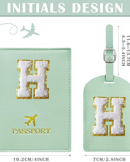 COSHAYSOO Green Initial Passport Cover Holder and Luggage Tag Set TSA Approved with Letter Name Patch for Women Teenage, Travel Passport Book Vaccine Card Combo Bag Suitcase Identifier (H)