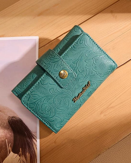Montana West Women Wallet Small Embossed Floral RFID Wallets for Womens Wallet Card Holder Ladies Female Western Compact Wallets Turquoise with ID Window