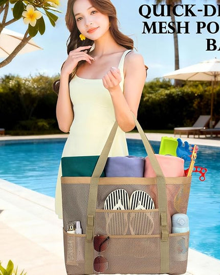 Mesh Beach Bag, Large Beach Tote with Zipper Pocket, Toys Pool Bag for Family Travel Vacation Cruise Essentials