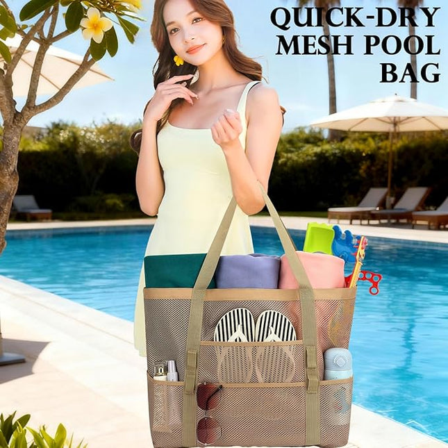 Mesh Beach Bag, Large Beach Tote with Zipper Pocket, Toys Pool Bag for Family Travel Vacation Cruise Essentials