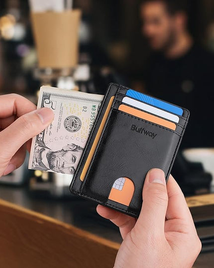 Buffway Slim Minimalist Front Pocket RFID Blocking Leather Wallets for Men and Women - Alaska Black