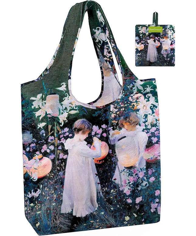 BeeGreen Oil Painting Garden Maze Tote Bag - Large Reusable Grocery Bag, Polyester Grocery Bags Gifts for Women,Foldable, Washable, Packable with Handles & Pouch for Shopping, Beach, Work, Summer