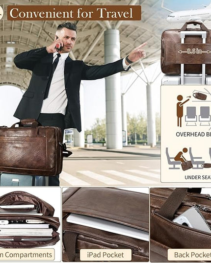 Faux Leather Messenger Bag for Men 17-17.3 Inch: Convertible 3 in 1 Backpack Laptop Bag Briefcase Computer Handbags Shoulder Crossbody Bag with Padded Laptop Sleeve for Work College Travel, PU Coffee