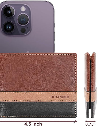 BOTANNER Genuine Leather Mens Bifold Wallet RFID Blocking 5 Credit Card Slots 1 ID Window 2 Sections for Bills 2 Additional Slots | Tan/Camel/Black