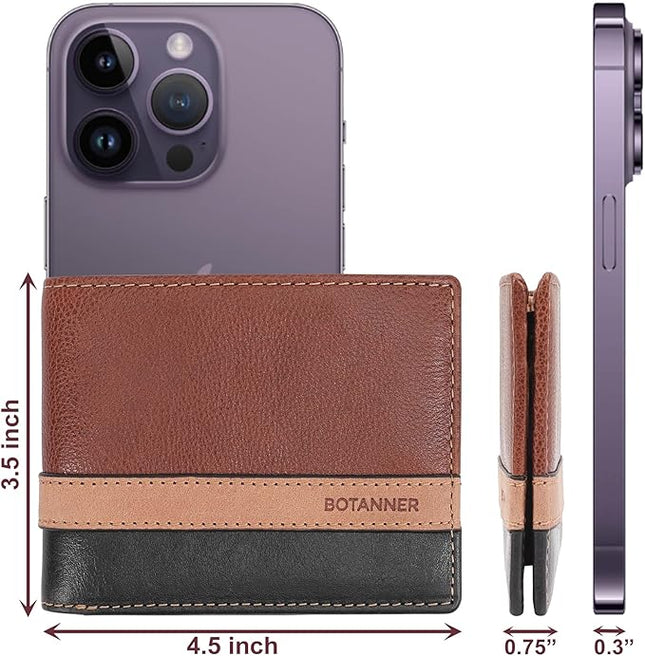 BOTANNER Genuine Leather Mens Bifold Wallet RFID Blocking 5 Credit Card Slots 1 ID Window 2 Sections for Bills 2 Additional Slots | Tan/Camel/Black