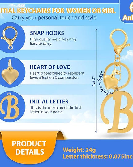 A-Z Heart Initial Letter Keychain, Stainless Steel Alphabet Charm for Handbags, Gift for Women and Girls