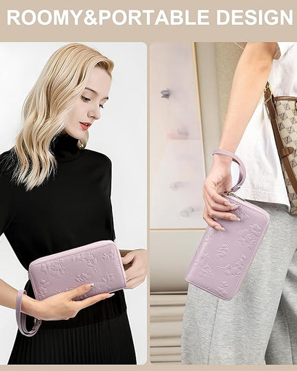 yiijay Womens Wallet RFID Blocking Large Capacity Leather Double Zip Wristlet Wallet Credit Card Phone Holder Ladies Clutch Purse Flora
