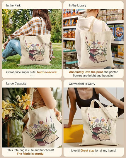 Aesthetic Tote Bag for Girls - with Magnetic Buckle and Zipper Inner Pocket for Women Lady Canvas Cotton Tote Bag