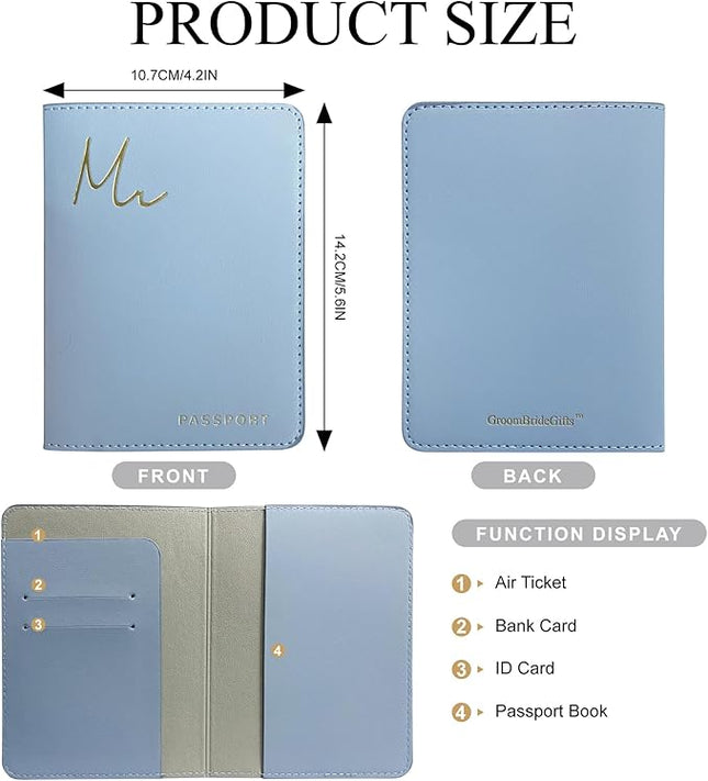 Mr&Mrs Gifts Matching Passport Covers for Mr and Mrs, Husband and Wife Gits - Engagement Gifts for Couples, Honeymoon Travel Essentials Gift for Newlyweds(MM Light Blue)