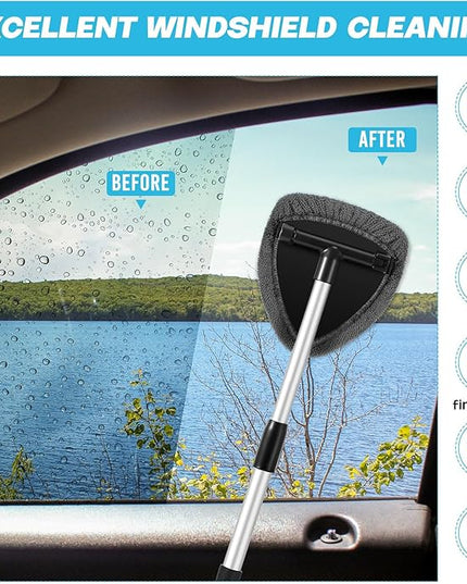 Baderke 10 Pcs Windshield Cleaner Tool Car Window Cleaning Supplies with Extendable Handle Include 6 Washable Microfiber Bonnets 2 Empty 60ml Spray Bottle Glass Wiper Kit (Gray)