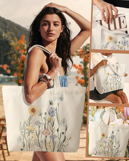 Large Tote Bag for Women - Aesthetic Cute Big Canvas Bags with Zipper Cotton Shoulder Bag for Gym, Travel, Work