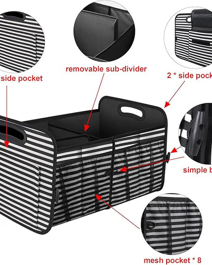 Femuar Car Trunk Organizer,Car Storage Organizer with 72L Large Capacity Waterproof Collapsible and 11 Pockets,Trunk Organizer for Car Suv/Jeep/Sedan, Large Size, Stripe