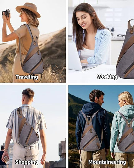 KL928 Canvas Sling Bag for Men Women, Genuine Leather Design Shoulder Crossbody Bags Backpacks Travel Daypack with Earphone Hole Rucksack, Dark Grey