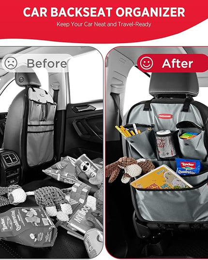 Rubbermaid Backseat Car Organizer, Kick Mats and Seat Back Protector, Car Organizer for Kids with 6 Storage Pockets, Travel Essentials for SUV, Truck, Car - 2 packs Gray