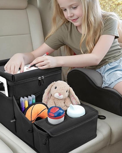 Car Seat Organizer, Backseat Car Organizer with Cup Holder Tray and Storages for Kids and Adults, Portable Travel Cooler for Car for Front or Back Seat Passenger Organizer Ccompartment (Black)