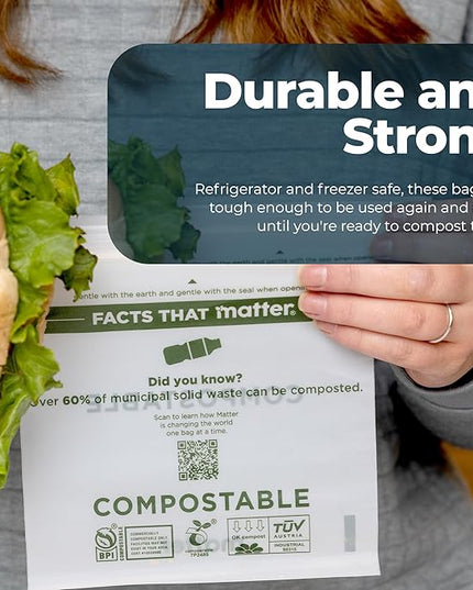 Matter Compostable Sandwich Bags for Food Storage, Eco-Friendly, Resealable, 200 Count