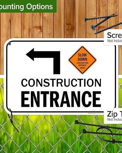Slow Down Construction Entrance Ahead With Left Arrow Sign, 12x18 Inches, 55 mil thick HDPS (high density polystyrene), Made in USA by My Sign Center