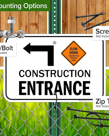 Slow Down Construction Entrance Ahead With Left Arrow Sign, 12x18 Inches, Rust Free .063 Aluminum, Fade Resistant, Made in USA by My Sign Center