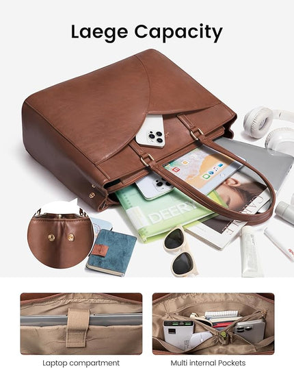 LOVEVOOK Laptop Bag for Women,17.3Inch Work Teacher Bags Leather Tote Bag Briefcase Waterproof Computer Bag for Women，Brown