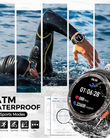 KE5 Military Smart Watch for Men with Flashlight SOS 3ATM Waterproof Watch 530mAh Big Battery 1.45" Rugged Tactical Smartwatch with Compass Elevation Barometer Fitness Watch for iPhone (Leather)