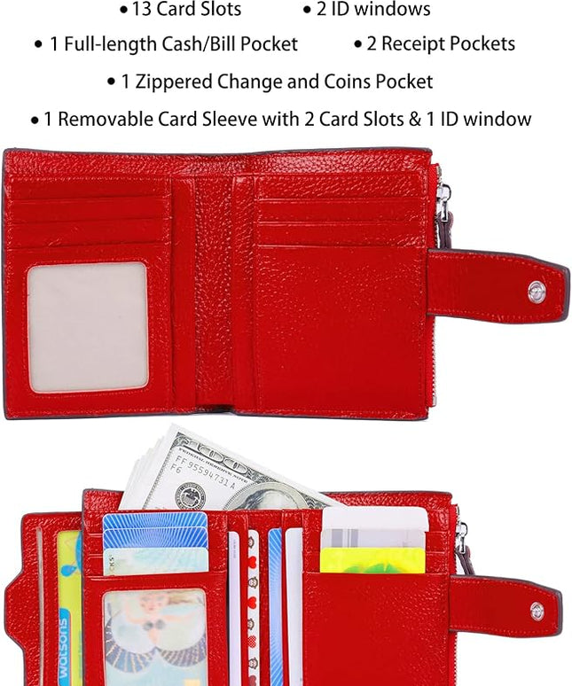 AINIMOER Women's RFID Blocking Leather Small Compact Bi-fold Zipper Pocket Wallet Card Case Purse with id Window