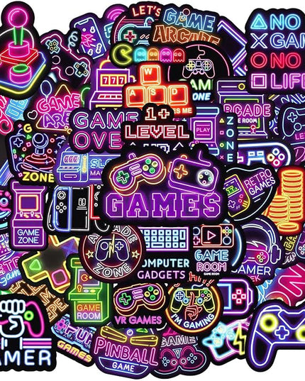 50Pcs Neon Game Stickers, Video Game Stickers, Gamer Waterproof Vinyl Decals for Laptop, Water Bottle, Skateboard, Gamer Decor, Party Favors Gifts