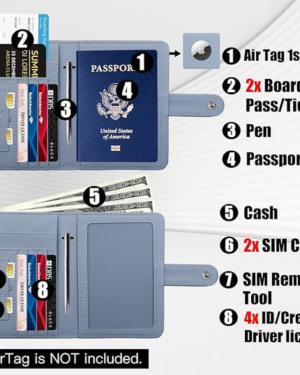 GOAUS Passport Holder for Travel with AirTag Slot Cards Cash Pocket, Faux Leather Travle Wallet Gifts for Women Men RFID Blocking Book Case Blue, AirTag Not Included