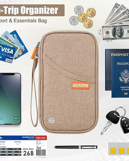 defway Passport Holder Travel Wallet - Family Passport Holder of 4, RFID Blocking Passport Wallet for Men Women, Travel Essentials for Flying (khaki)