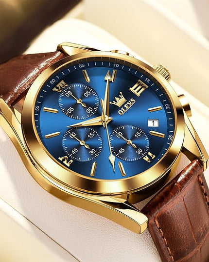 OLEVS Men's Chronograph Leather Watch, Big Face Easy to Read Analog Quartz Dress Watch, Casual Waterproof Luminous Hands Date Watches for Men, White/Blue/Black/Gold Dial