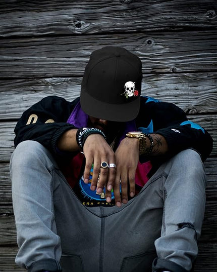 Skull Finger Flat Bill Hats for Men Black Mens Snapback Hat Baseball Cap Fitted Hat Rock N Roll Skeleton Hand Snap Backpack