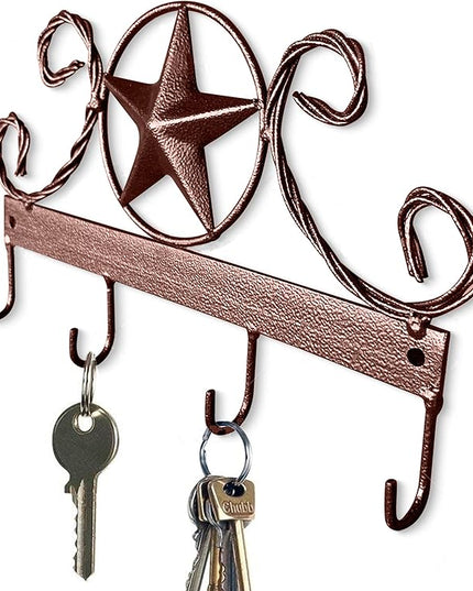 EcoRise Brown Texas Country Western Key Holder - Rustic Wall Décor Key Hanger for Home, Vintage Metal Key Hangers for Wall, Star Key Rack Hook Wall Holders, Multiple Hooks for Keys (Brown)