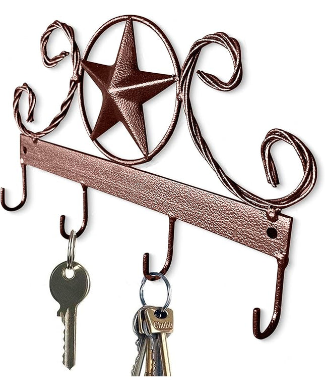 EcoRise Brown Texas Country Western Key Holder - Rustic Wall Décor Key Hanger for Home, Vintage Metal Key Hangers for Wall, Star Key Rack Hook Wall Holders, Multiple Hooks for Keys (Brown)