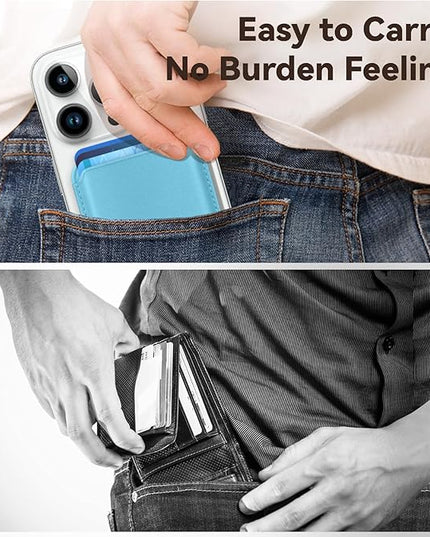 Magnetic Wallet Cell Phone Card Holder for Phone Case with Mag-Safe, Stronger Magnetic RFID Leather Phone Wallet Stick on Series of iPhone 17/16/15/14/13/12 and Pro/Promax, Light Blue