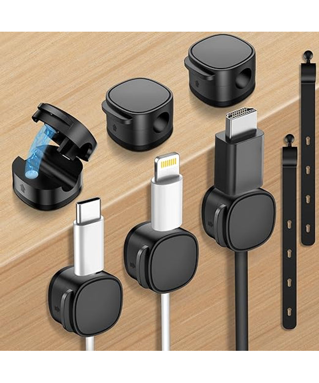 MOZOTER 6 Pack,Magnetic Cable Clips & Silicon Cable Ties,Cord Holder[Cable Smooth Adjustable Desk Organizer],Under Desk Cable Management,Adhesive Home Office Wire Holder Keeper Wire Sets-Black