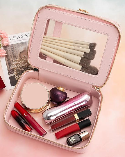 Aveniee XL Clear Makeup Organizer,Double Layer Travel Cosmetic Case with Brush Holder & Zippered Compartments, Large Toiletry Bag Train Case for Women.2 Layers, Pink