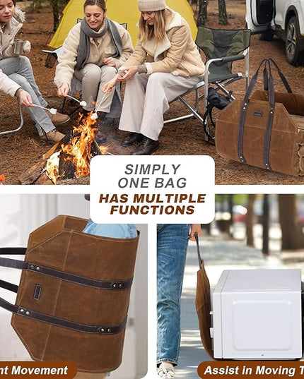 Canvas Firewood Log Carrier Bag, Waxed Durable Wood Tote of Fireplace Stove Accessories, Extra Large Hay Hauling with Handles for Outdoor Camping-Rust