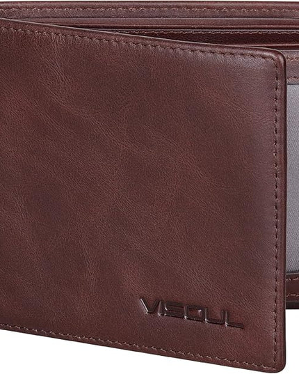 VISOUL Mens Bifold Leather RFID Blocking Wallet with 2 ID Windows, Soft Genuine Leather Card Holder Wallet with 2 Cash Compartments for Men (Coffee)