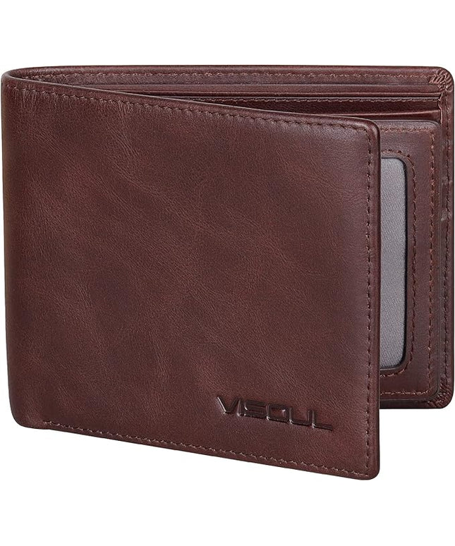 VISOUL Mens Bifold Leather RFID Blocking Wallet with 2 ID Windows, Soft Genuine Leather Card Holder Wallet with 2 Cash Compartments for Men (Coffee)