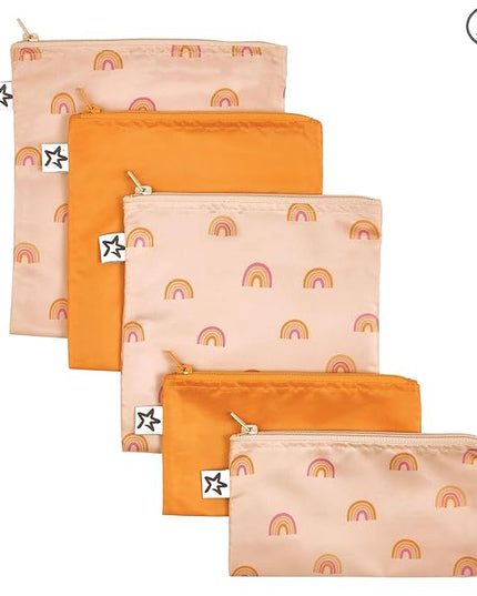 Tiny Twinkle 5 Pack Reusable Snack Bags - Machine Washable, PFAS, PVC, BPA, Phthalate-Free Reusable Baby and Toddler Food Safe Snack Bags (Boho Rainbow)