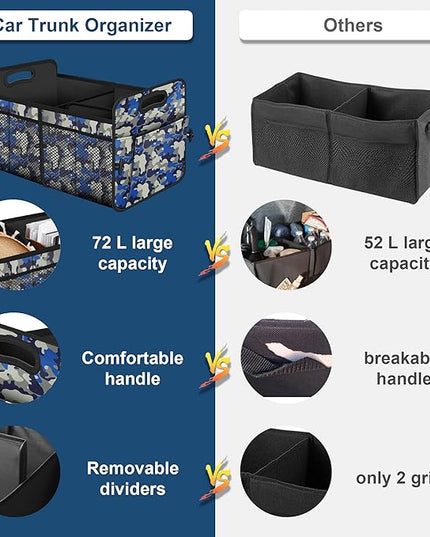 Femuar Car Trunk Organizer with 72L Large Capacity Waterproof Collapsible and 11 Pockets, Trunk Organizer for Car SUV/Jeep/Sedan, Large Size, Blue Camouflage