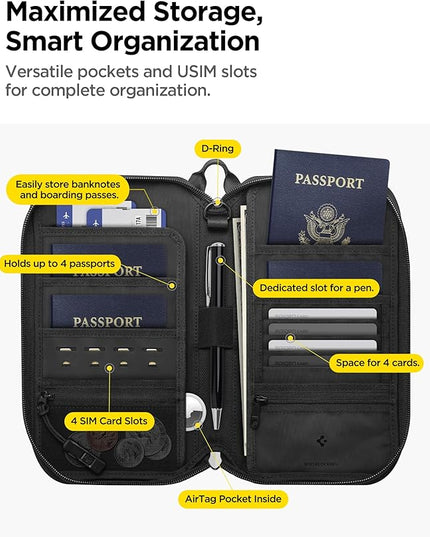 Spigen Life for Passport Card Cover Holder with RFID Blocking Technology Wallet Travel Documents Organizer Protector Accessories, SIM Card Pin Included
